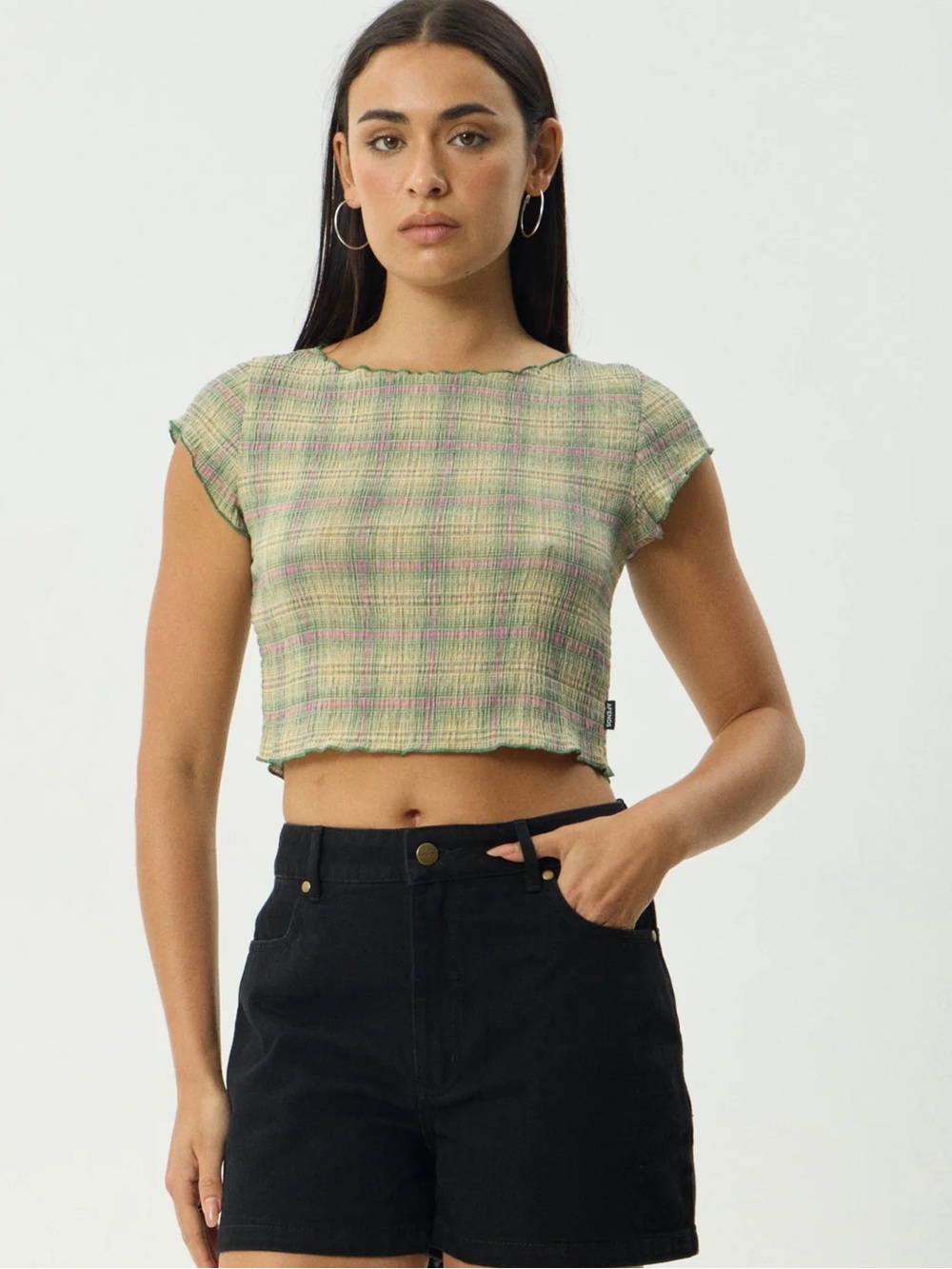 AFENDS DARCY POSITION HEMP SEERSUCKER Plaid Cap-Sleeve Crop Top -Green Check Med